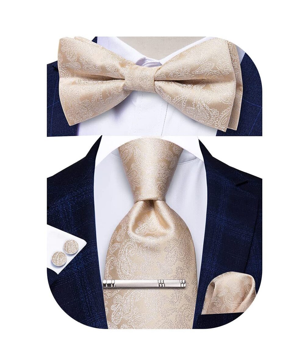 9451 Champagne Paisley Tie Bow Ties Sets Necktie Pretied Bow Tie Pocket